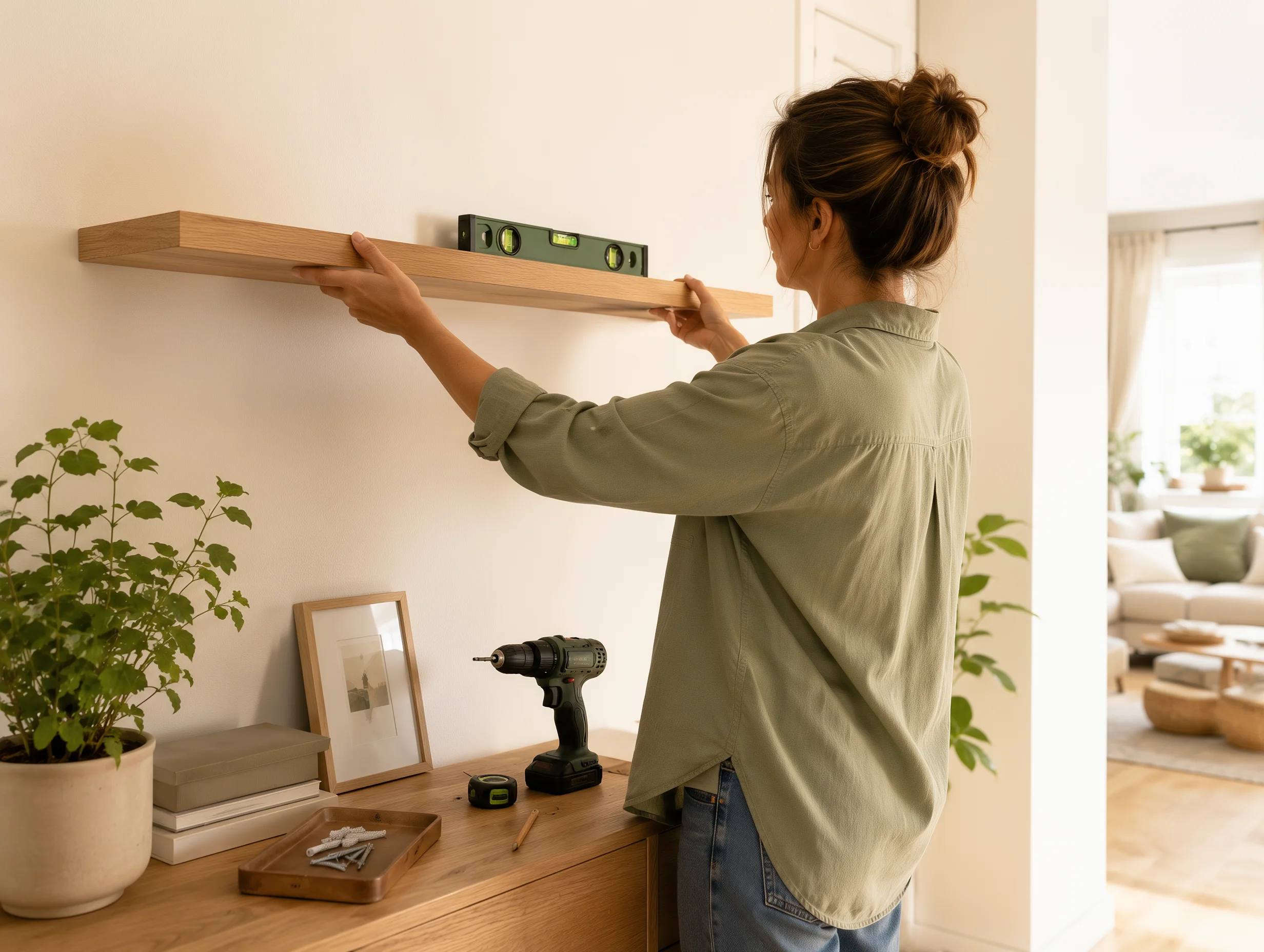Bricolaje básico en casa con una persona instalando una balda con nivel y taladro