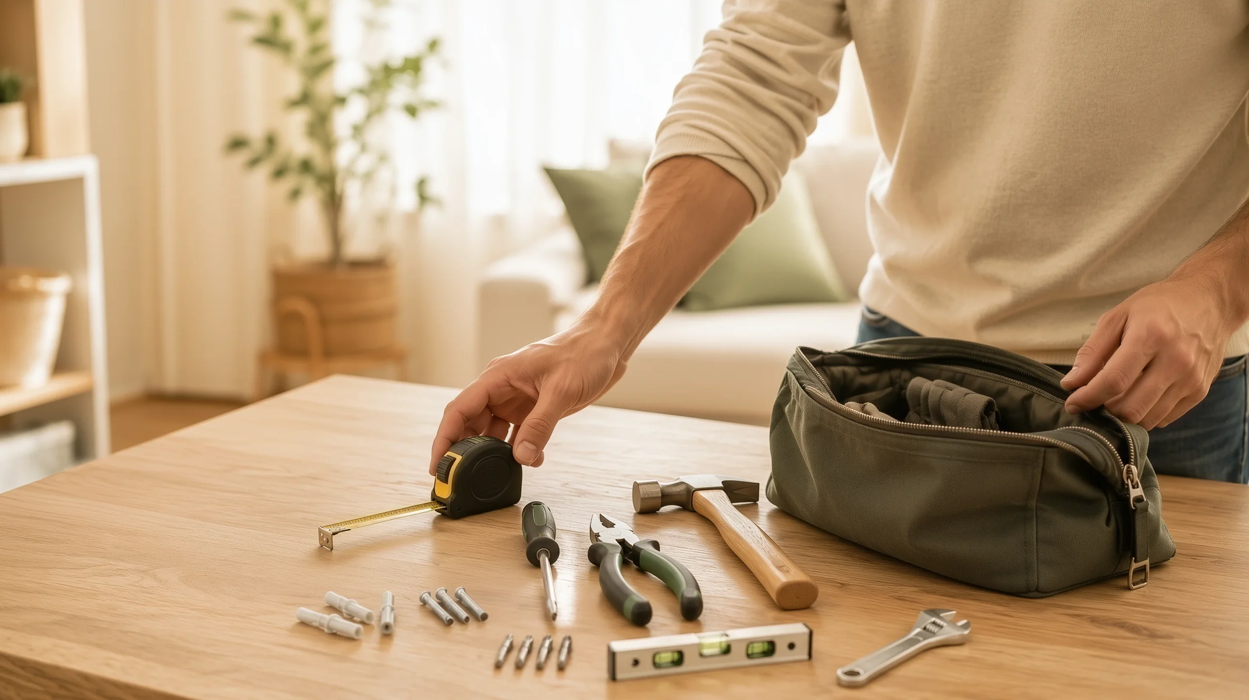 Herramientas básicas para casa organizadas sobre una mesa de madera