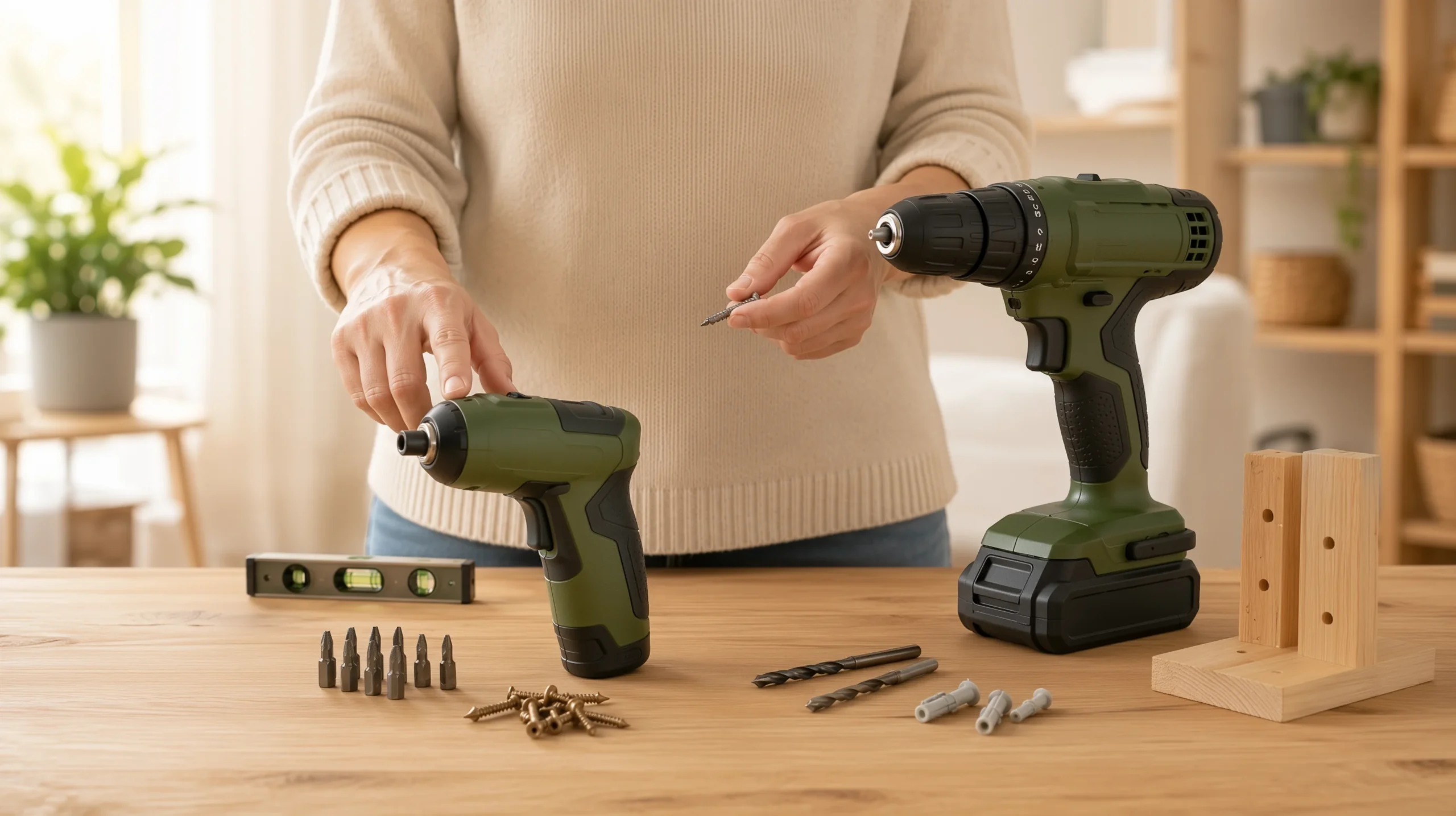 Taladro o atornillador con brocas, puntas, tornillos y piezas de madera sobre una mesa
