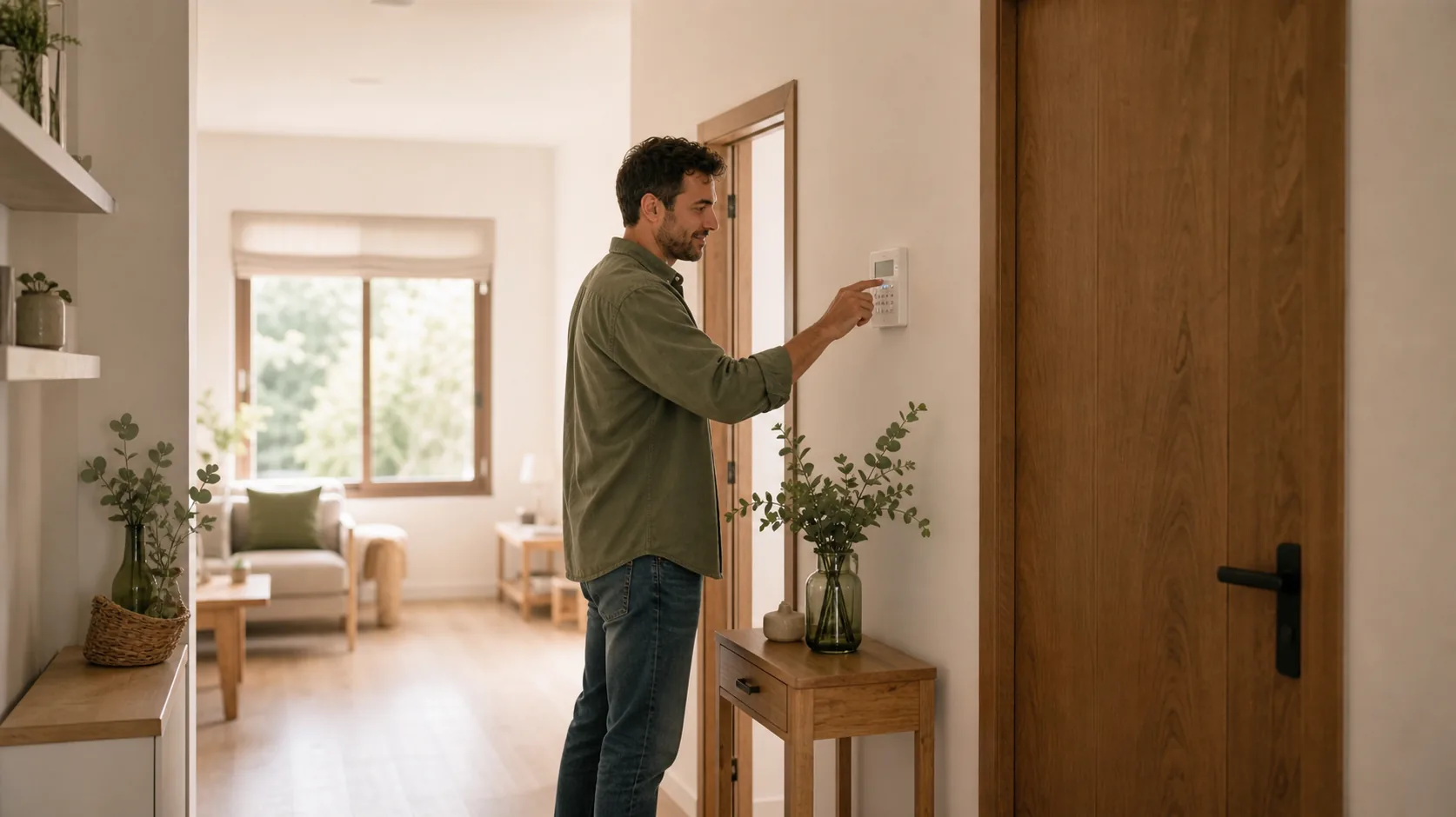 Un hombre revisa un panel de alarma junto a la entrada de un salón luminoso.