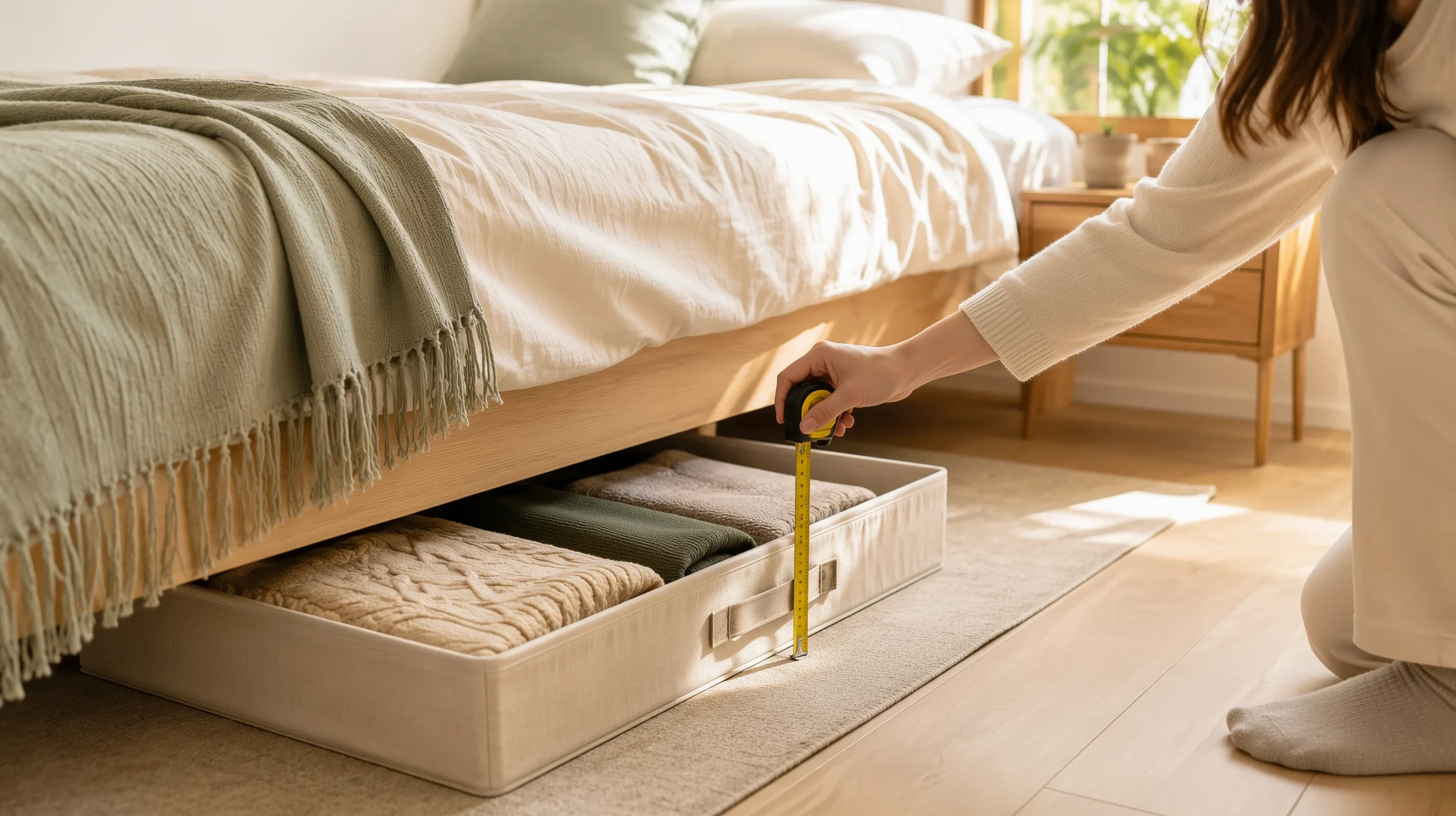 Cajas de almacenaje bajo una cama con una cinta métrica