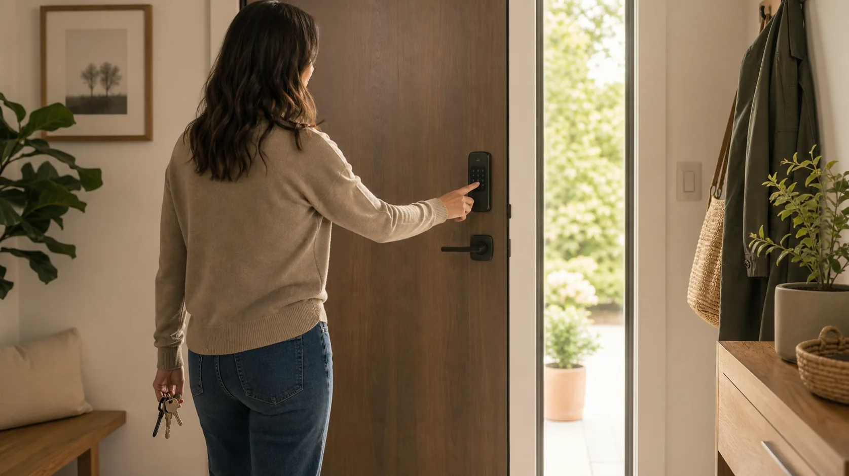 Mujer abre la puerta de casa con el teclado de una cerradura inteligente mientras sostiene unas llaves.