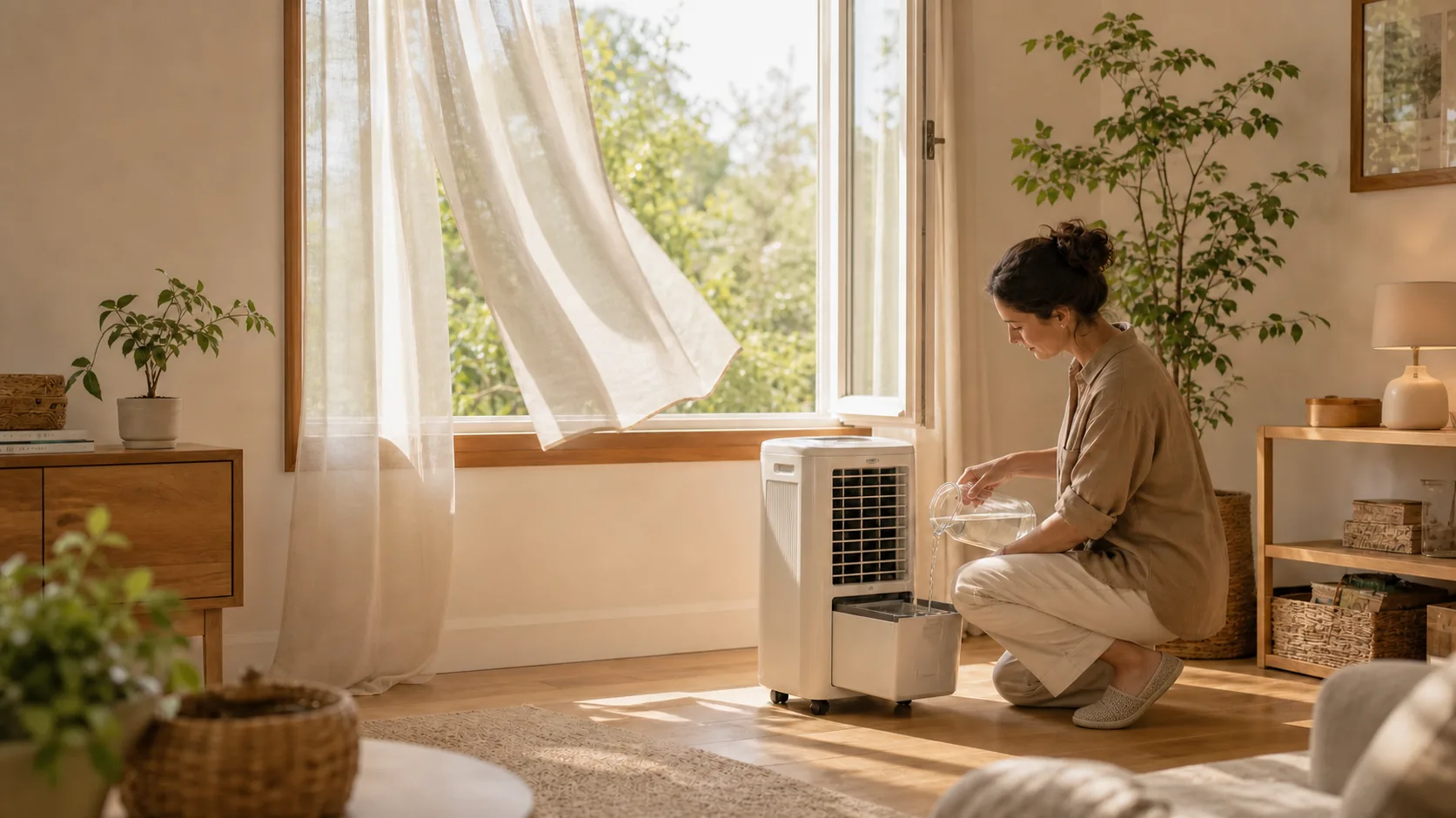 Mujer rellenando el depósito de un climatizador evaporativo junto a una ventana abierta en un salón.