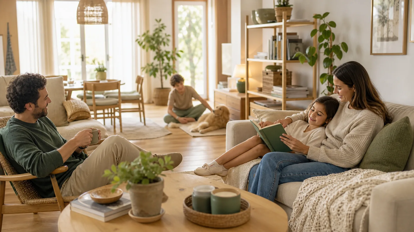 Familia disfrutando del confort del hogar en un salón cálido y luminoso