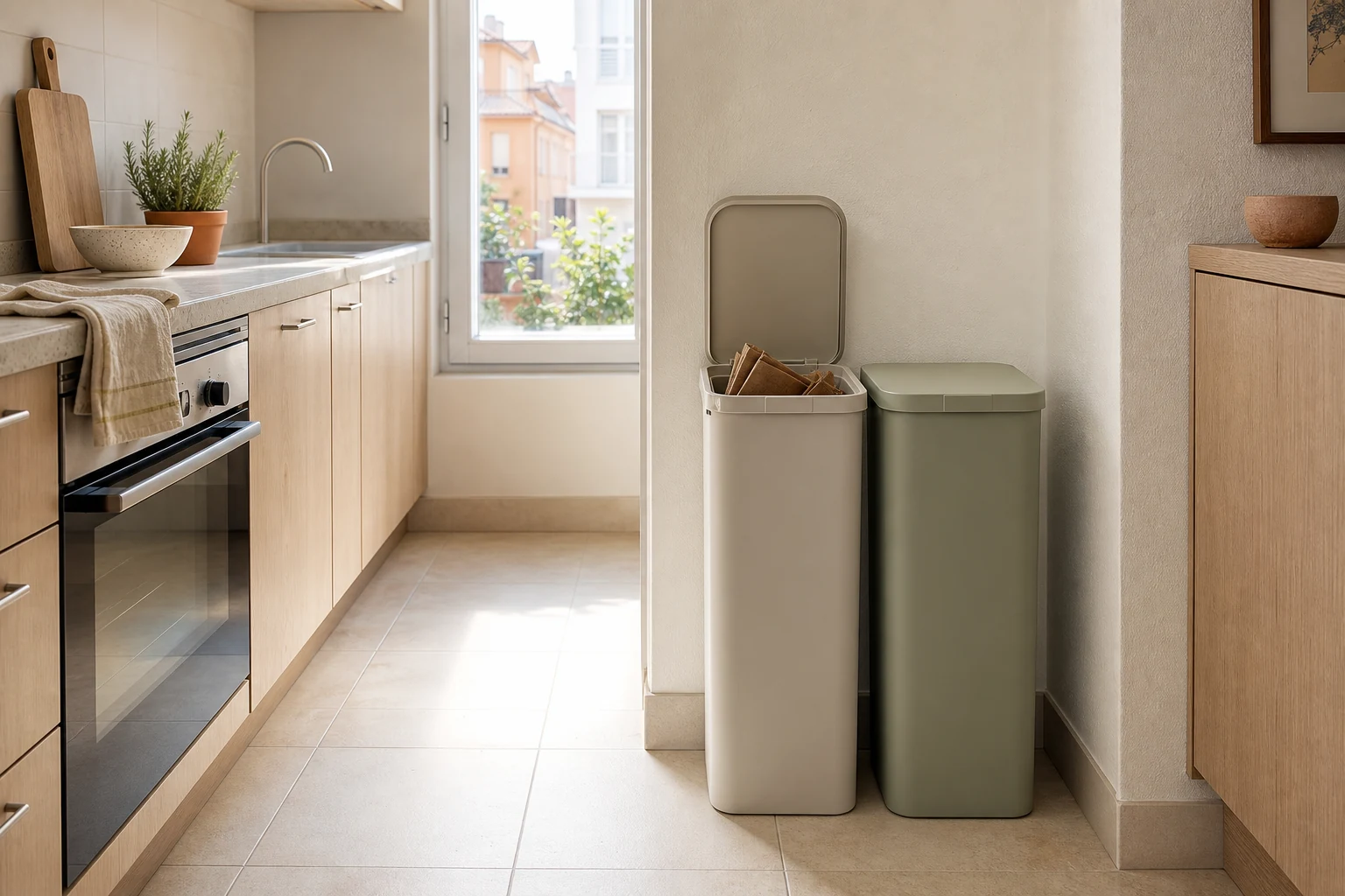 Dos cubos estrechos para separar residuos sin bloquear el paso en una cocina pequeña y luminosa