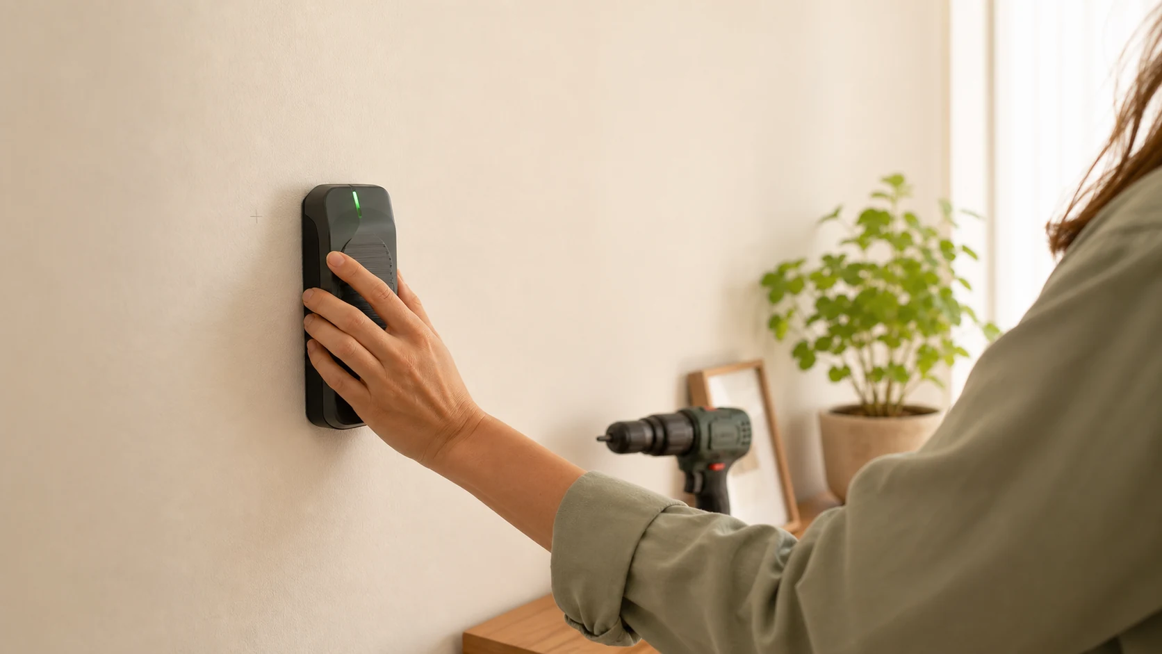 Mano utilizando un detector de cables y tuberías en una pared antes de taladrar