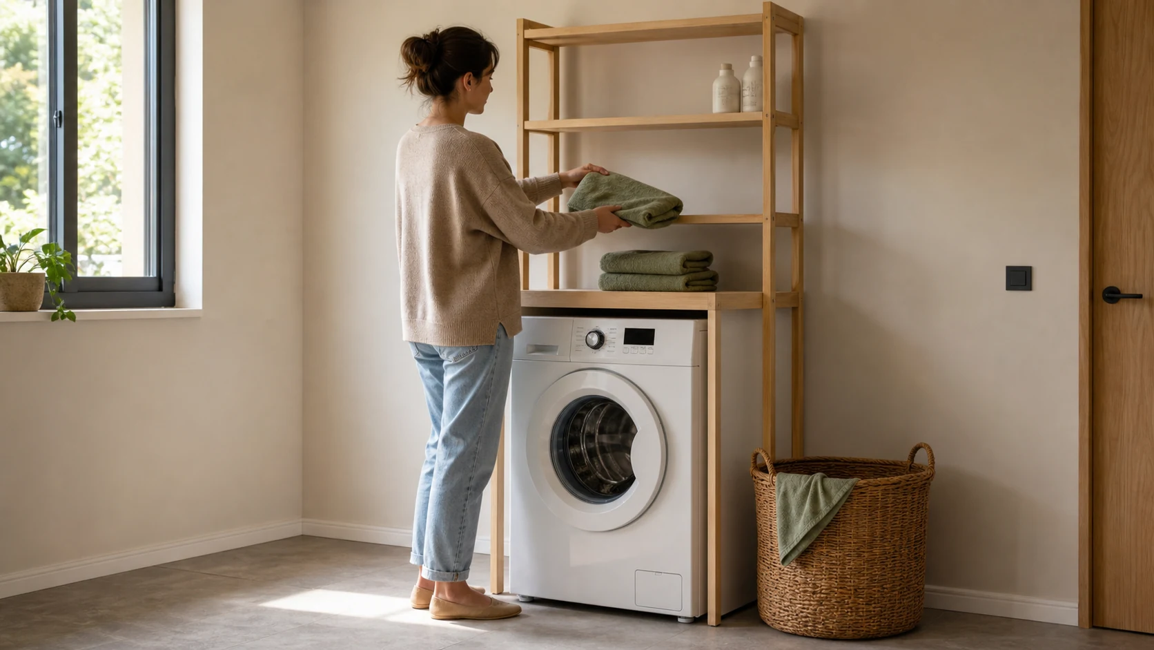 Mujer cogiendo una toalla de una estantería de madera instalada sobre una lavadora frontal