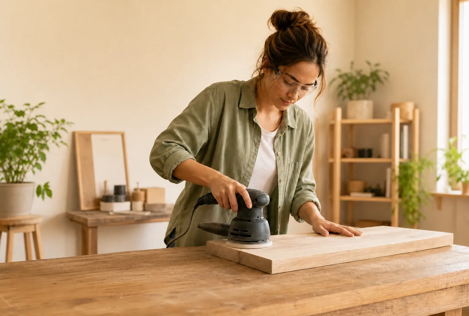 Persona lijando una tabla de madera con una lijadora excéntrica en un taller doméstico luminoso.