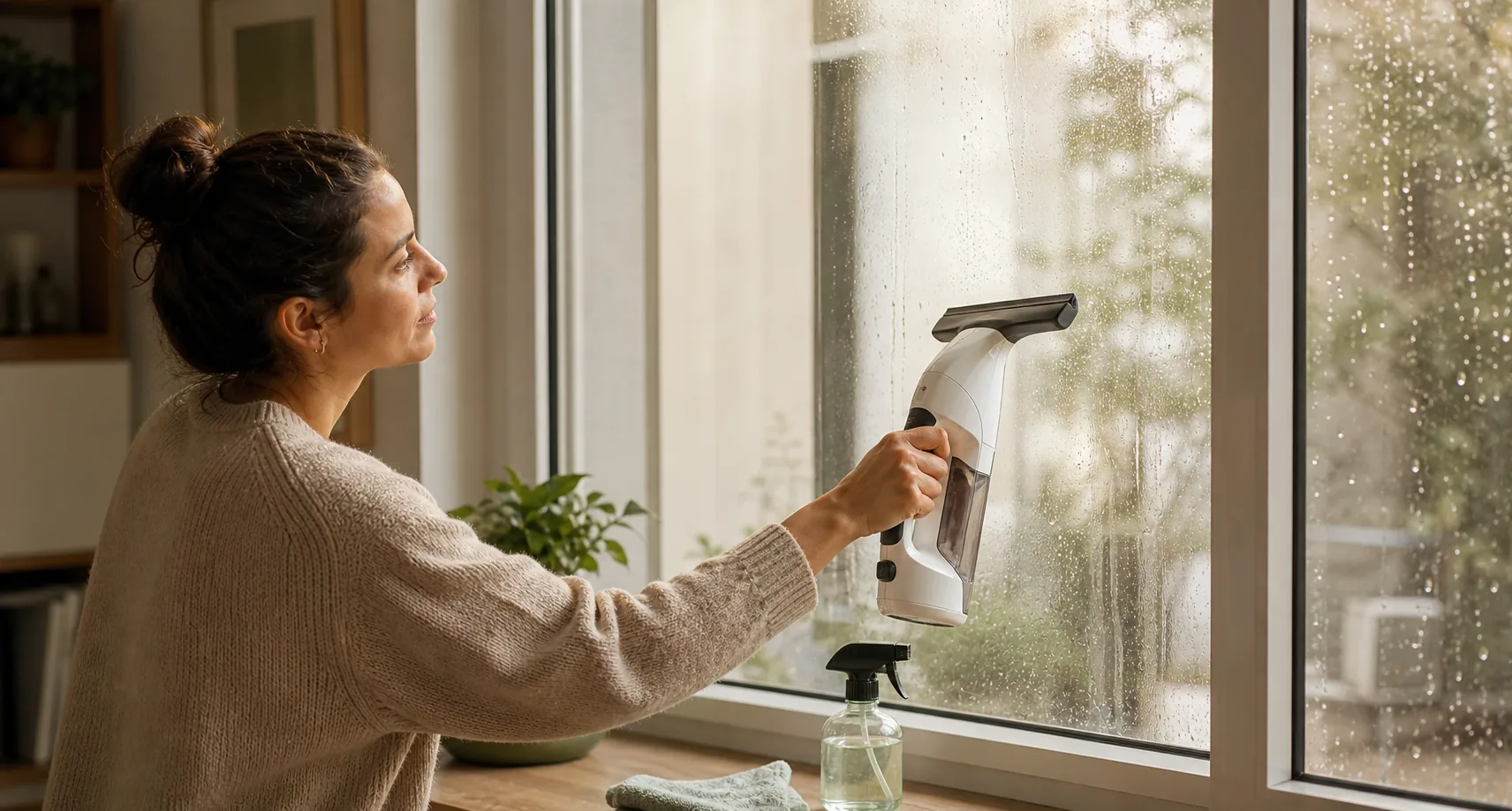 Mujer utilizando un limpiacristales a batería sobre un ventanal húmedo en una vivienda.