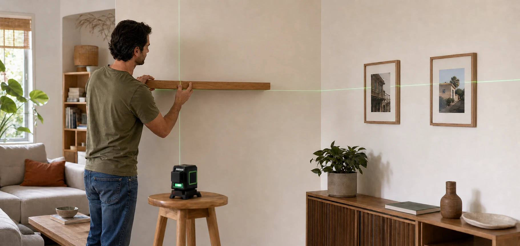 Hombre alineando una balda vacía con un nivel láser verde en un salón