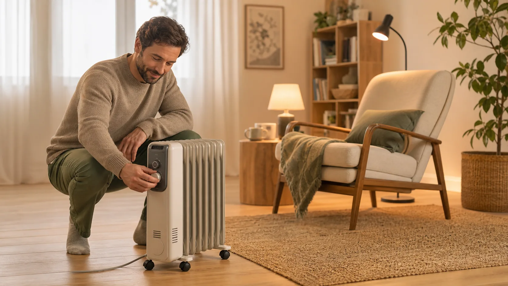 Hombre ajustando el termostato de un radiador de aceite en un salón cálido con zona de lectura.