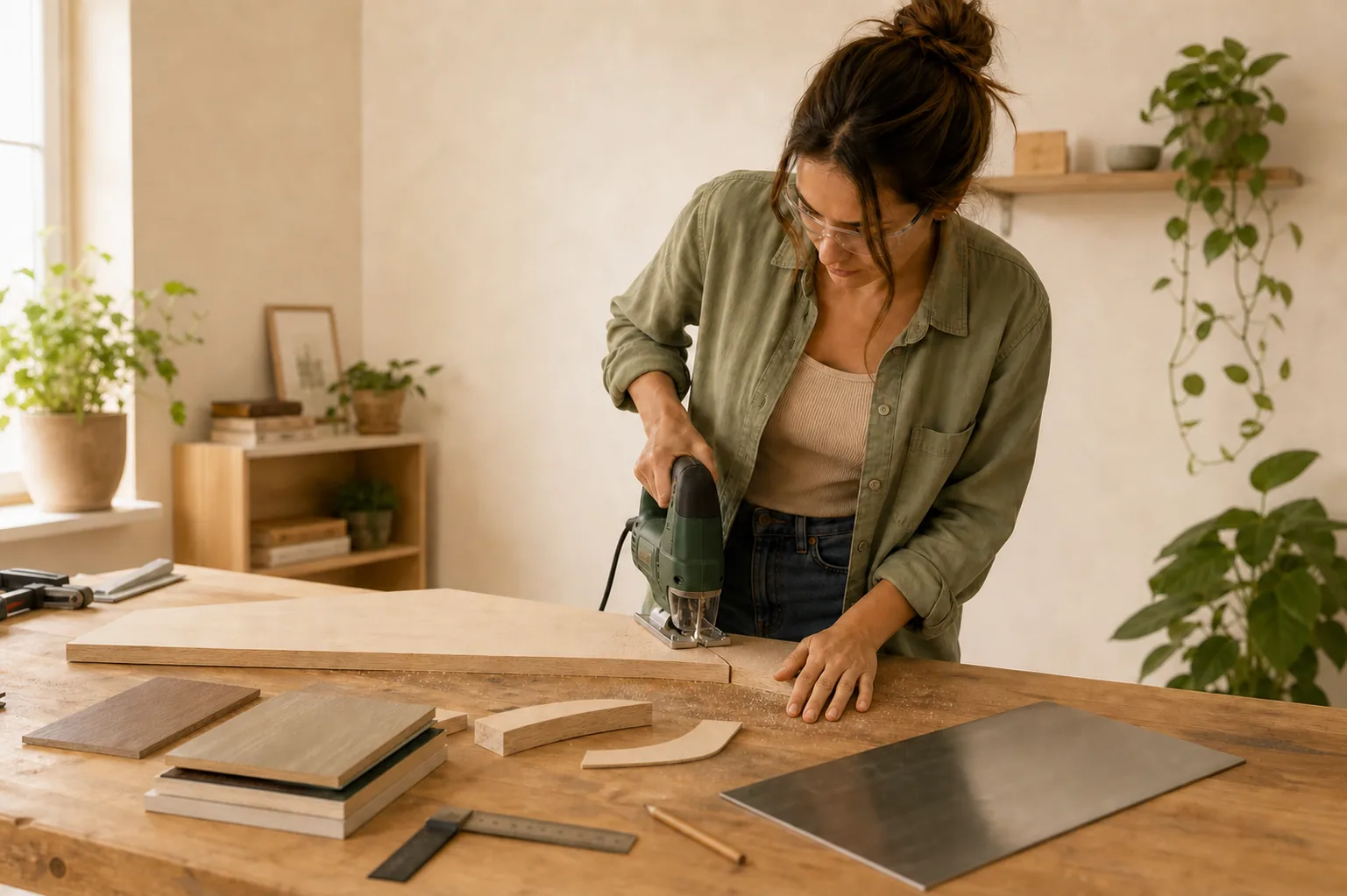 Mujer utilizando una sierra de calar sobre un tablero, con muestras de madera, laminado y metal en un banco de trabajo doméstico.