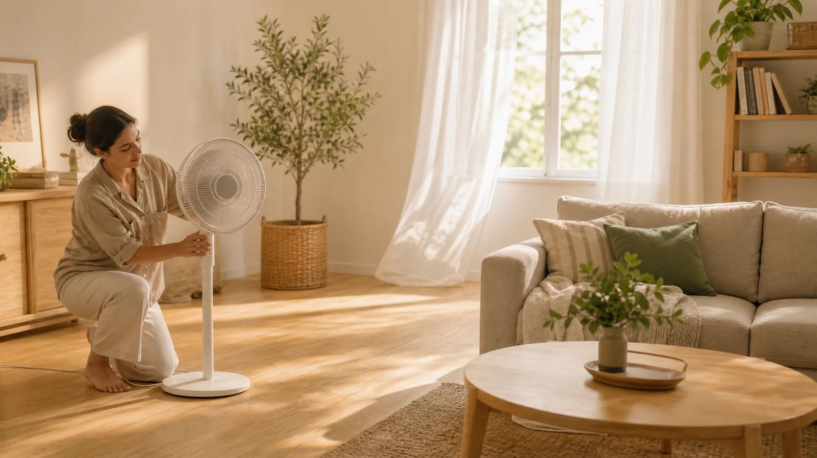 Mujer ajustando un ventilador de pie en un salón luminoso y cálido.