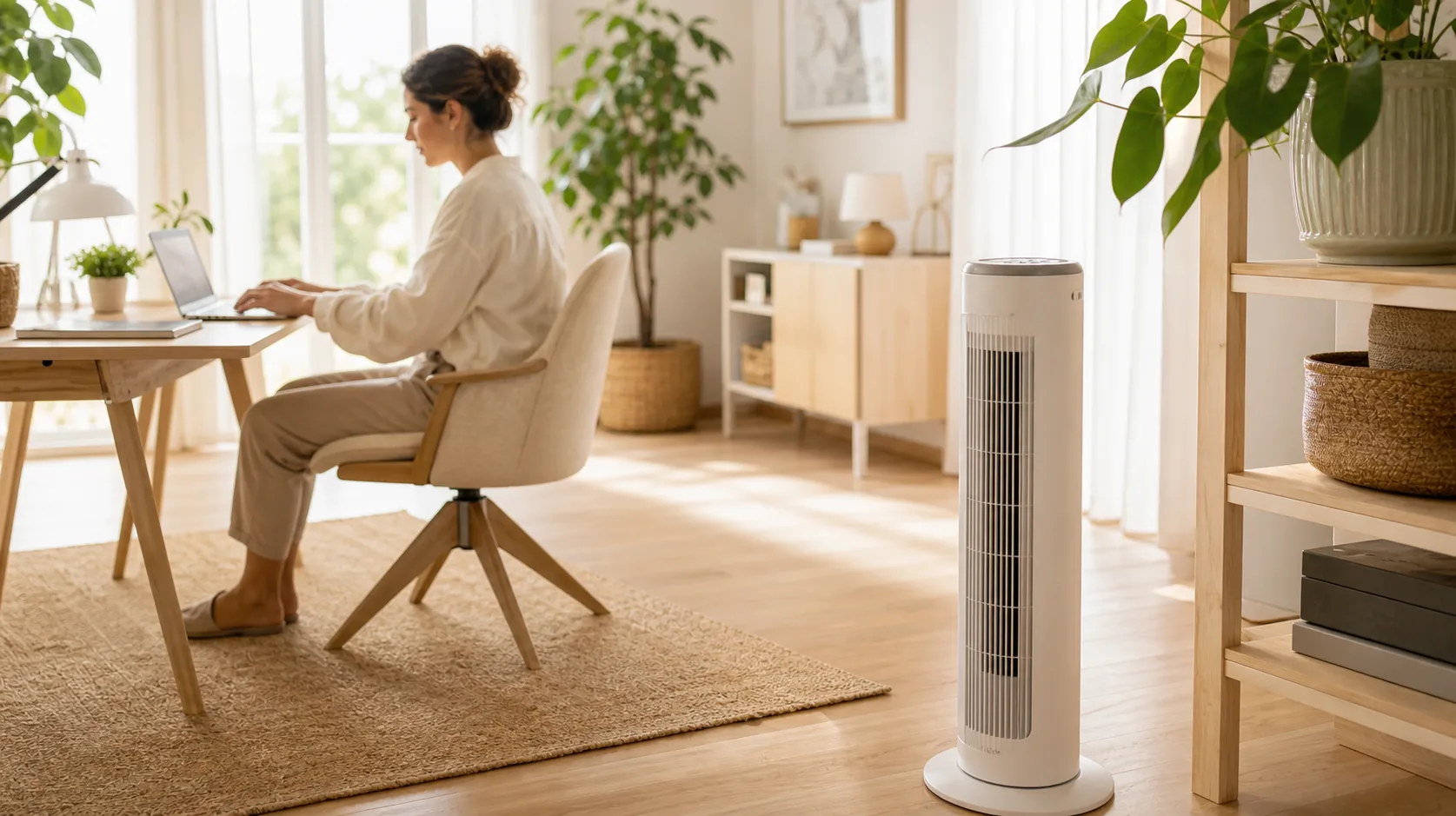 Ventilador de torre blanco en un despacho doméstico luminoso mientras una persona trabaja.