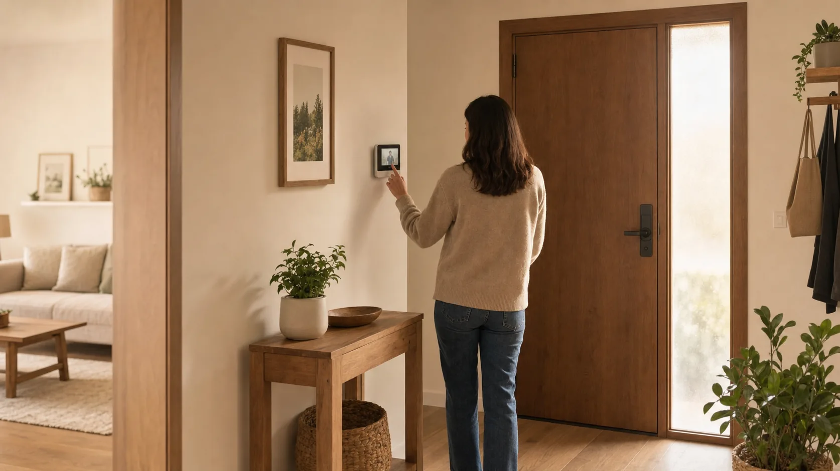 Persona consulta un videoportero junto a la puerta de entrada de una casa.